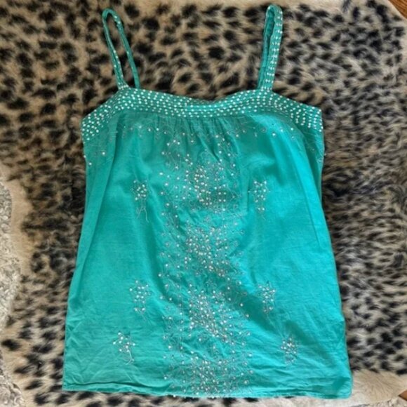 Vintage Teal Sequins Beaded Long Tank Top - Picture 1 of 1
